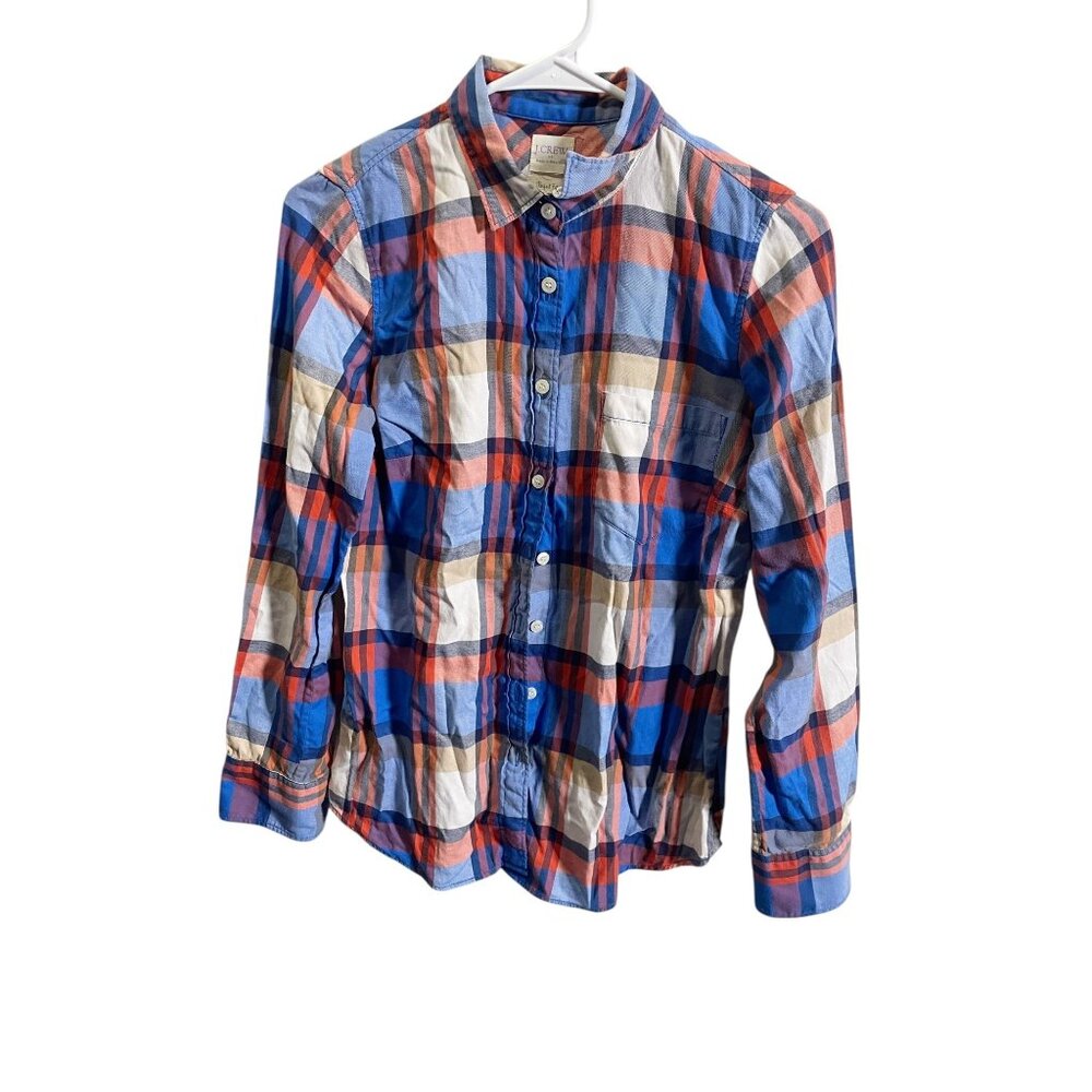J.Crew XS‎ Plaid Button-Up Shirt Red Blue Long Sleeve Cotton